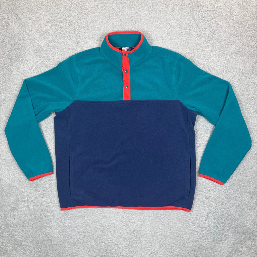 Lands End Mens Large Colorblock Fleece Snap Neck Pullover Teal Navy Orange-Red
